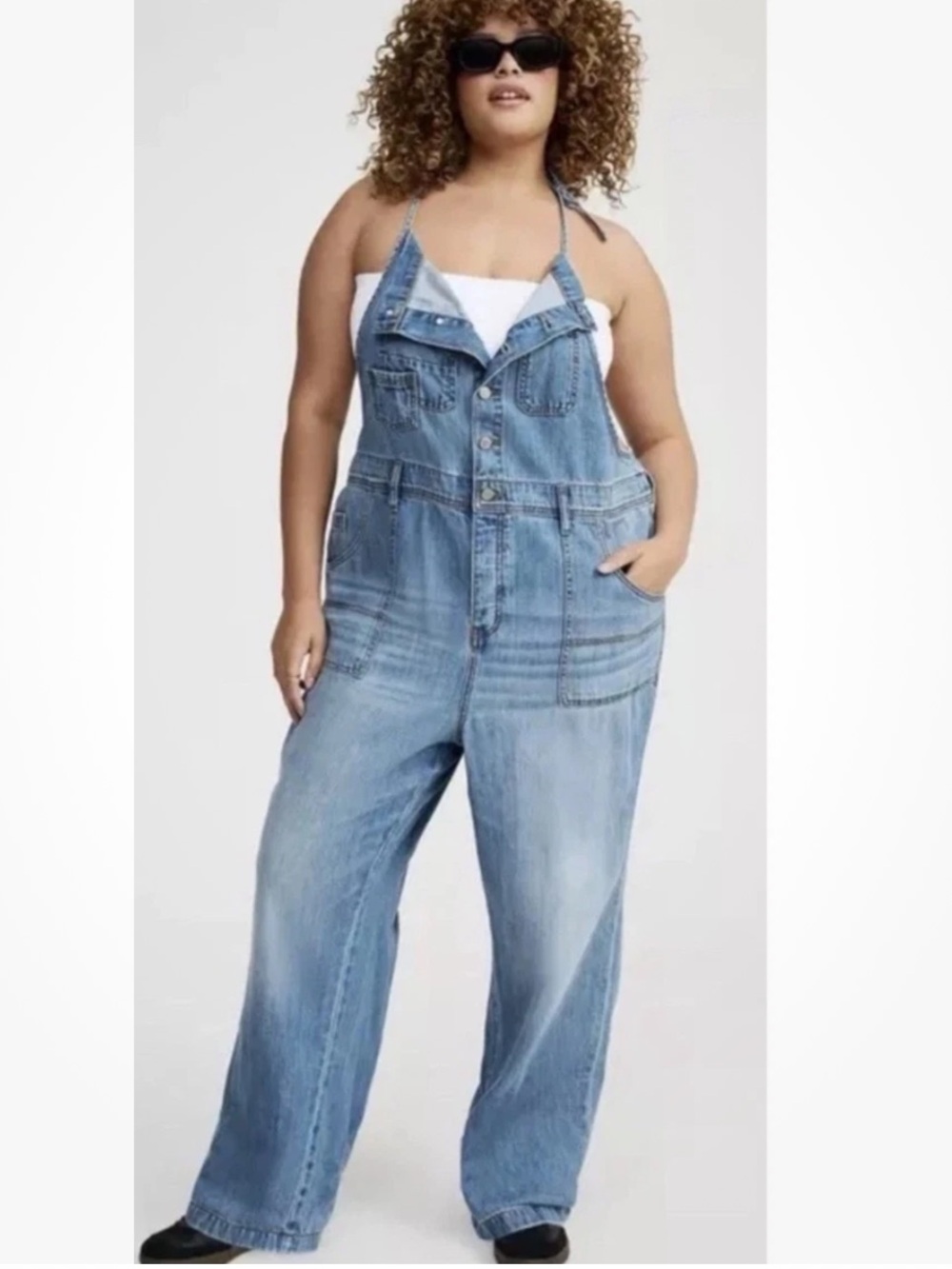 Torrid Cotton Button Front Drapey Rigid Denim Overall Medium Wash Size 16 R NEW!